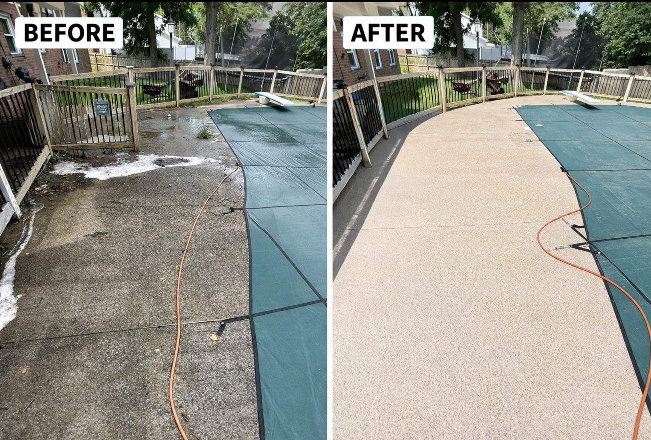 Before and after pressure washing pool deck and patio area in Terre Haute Indiana