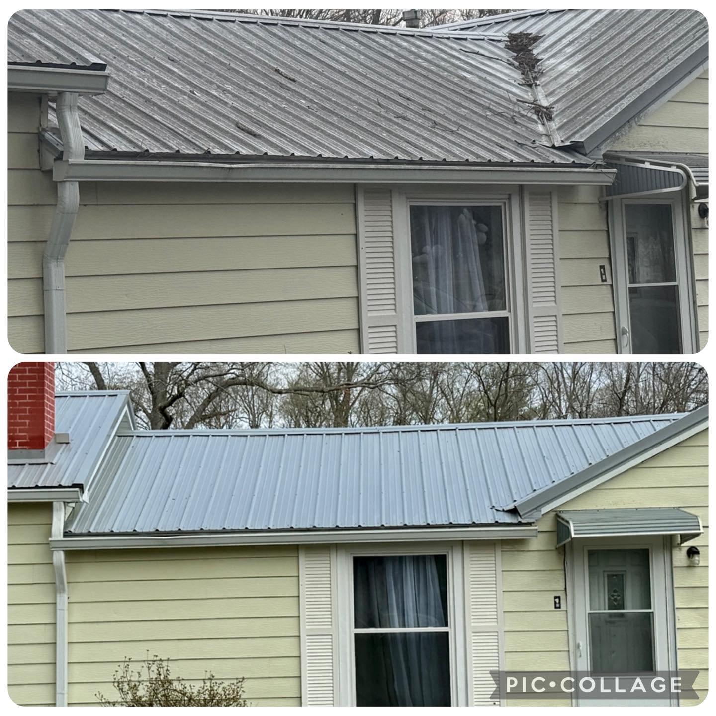 Before and after metal roof soft washing cleaning
