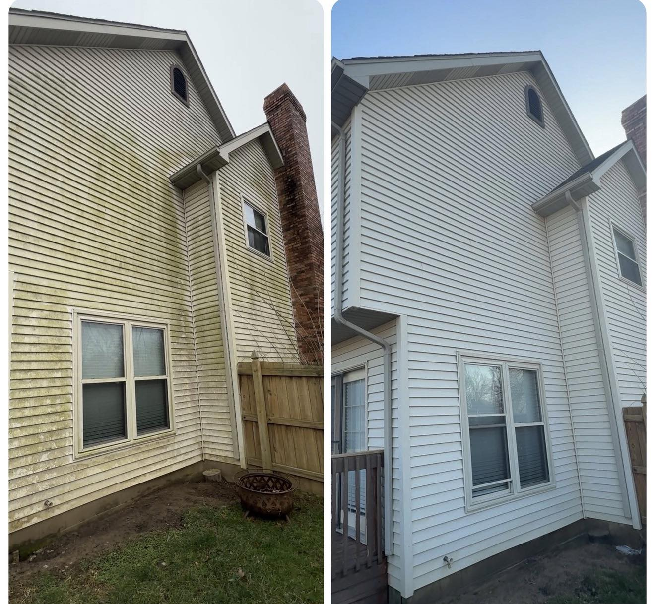 Before and after soft washing vinyl siding mold and algae removal