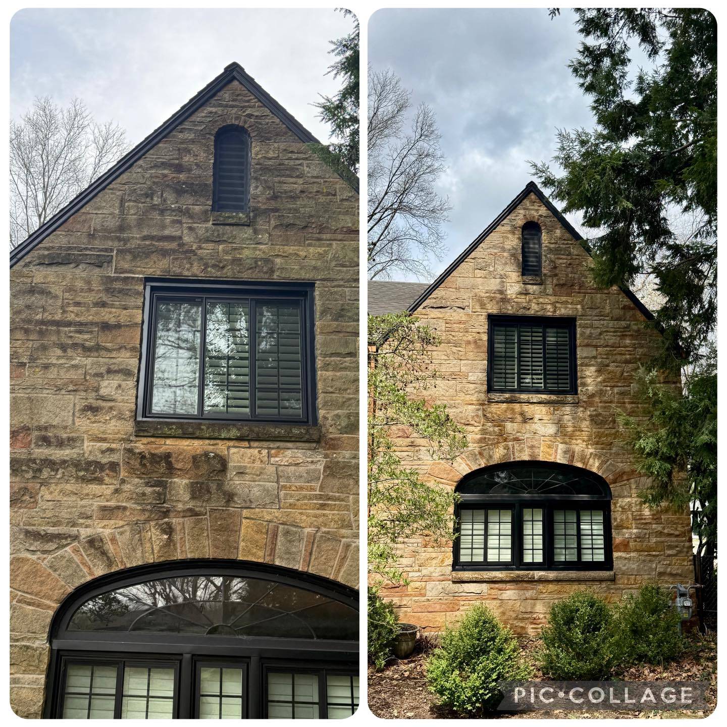 Before and after stone facade cleaning restoration