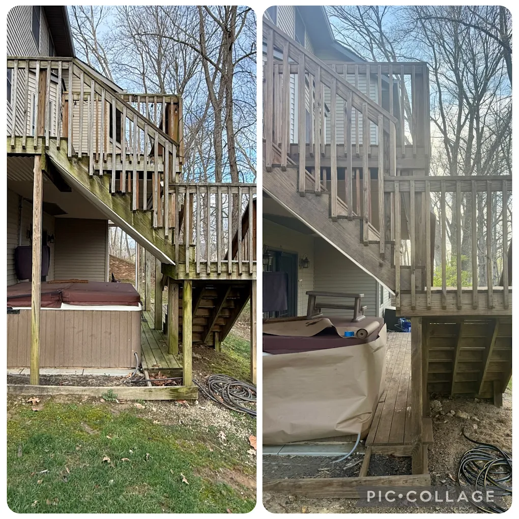 Before and after deck cleaning showing restored wood grain