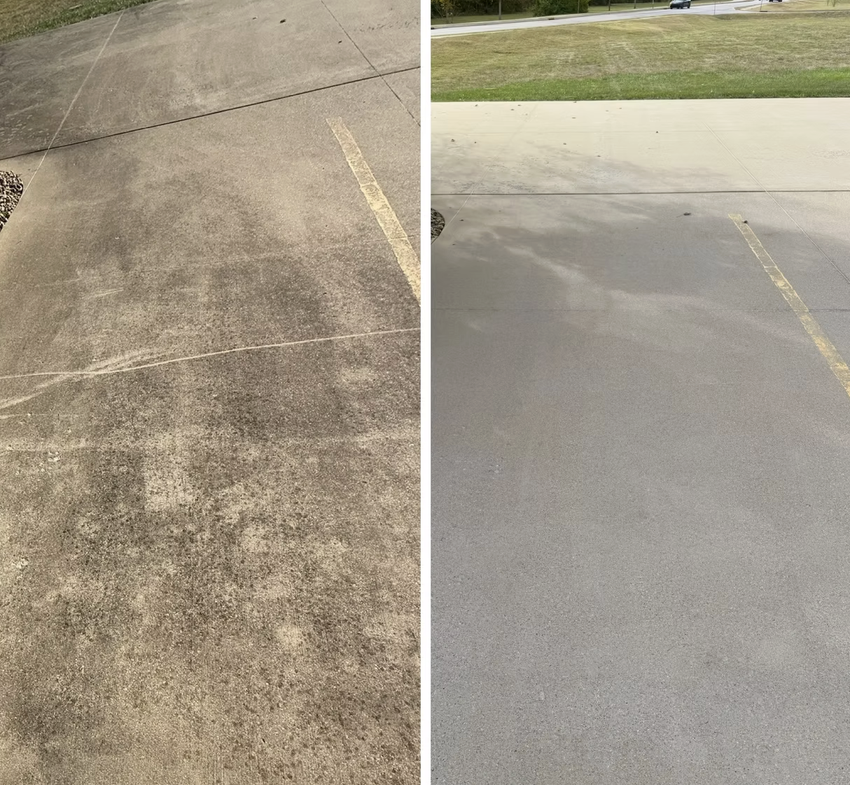 Before and after concrete surface cleaning algae removal