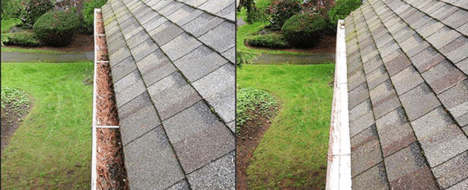 Before and after gutter cleaning debris cleared