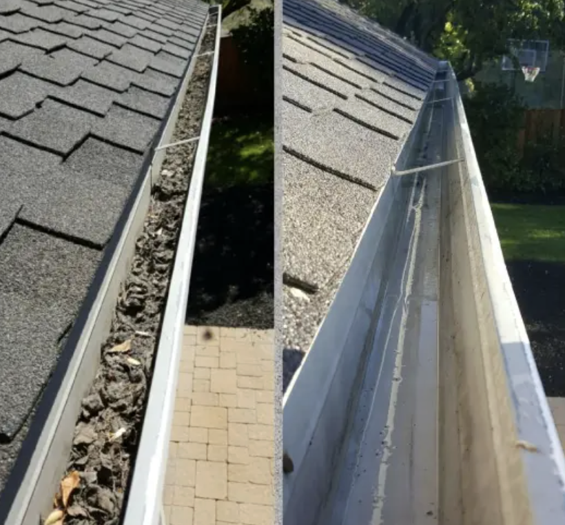 Clogged gutter before and after cleaning