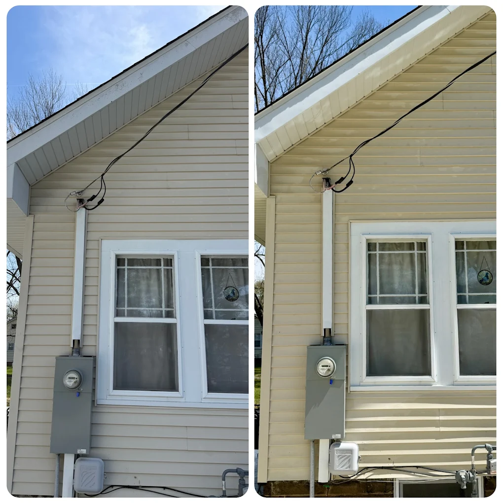 Before and after soft washing on vinyl siding
