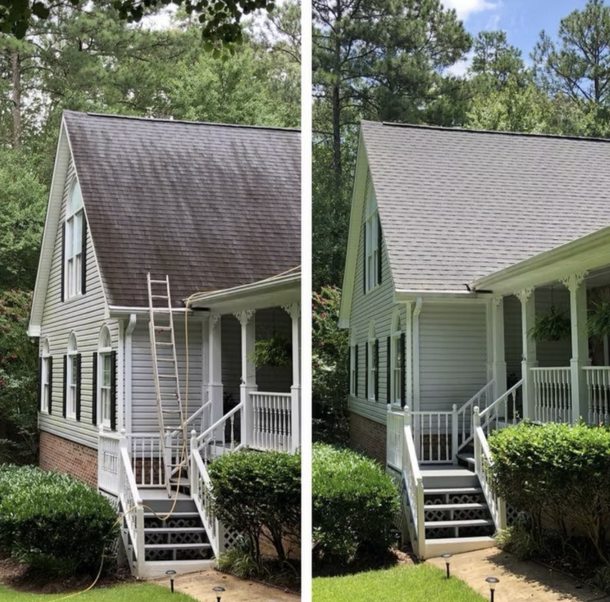 Before and after roof soft washing algae removal Terre Haute IN