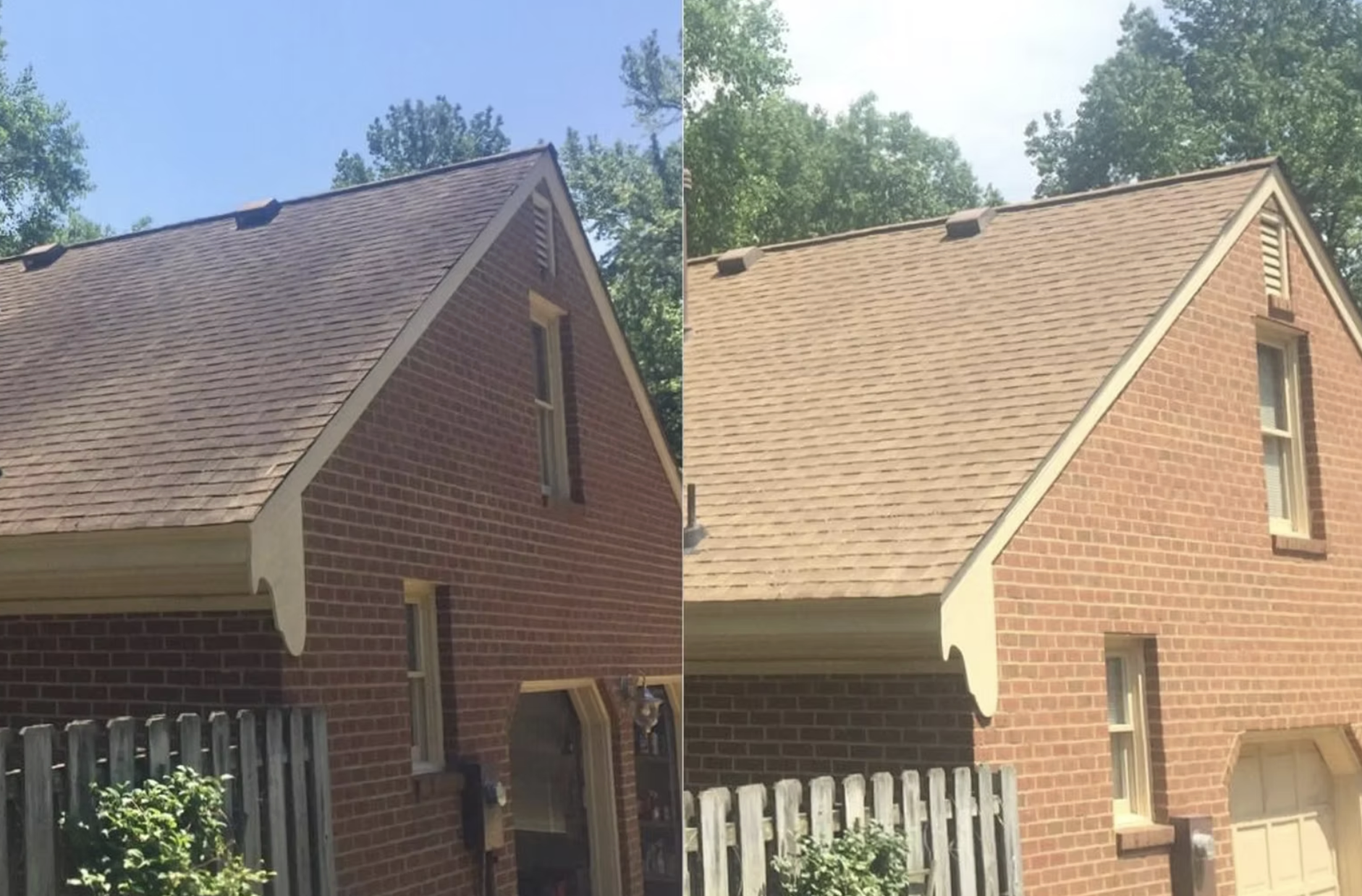 Before and after roof cleaning brick home Terre Haute