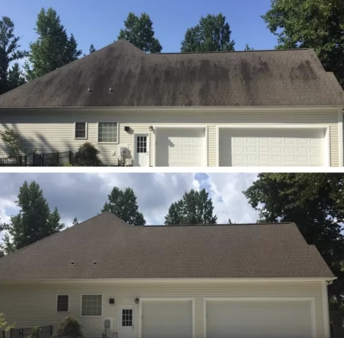 Before and after roof soft washing Terre Haute IN